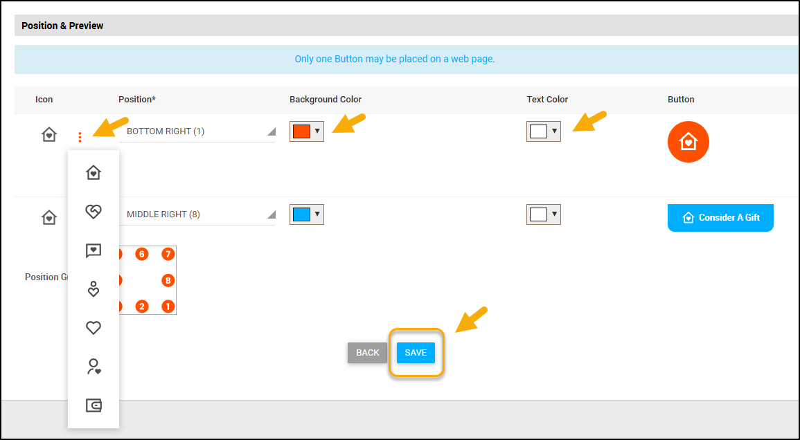 Screenshot showing how to choose icons, positions, and colors for PayQuickly, Picture