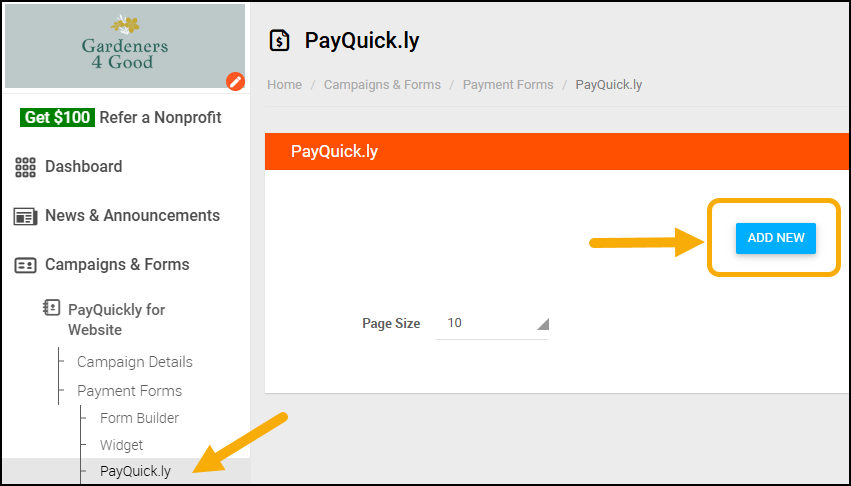 Screenshot showing PayQuickly in menu and button to Add New, Picture