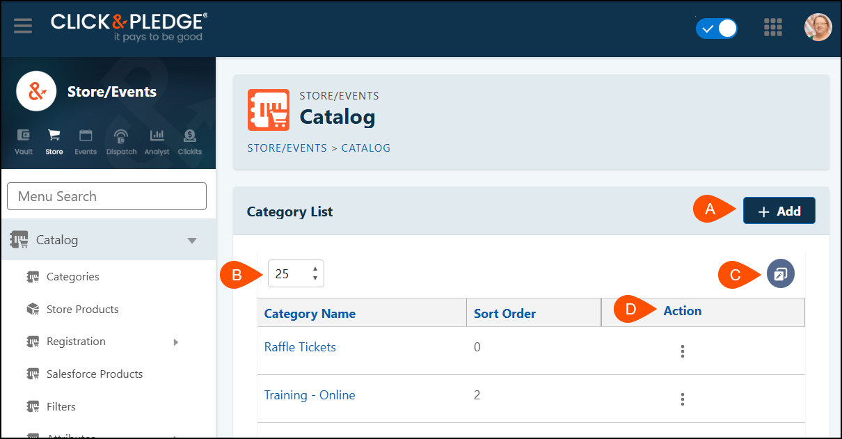 Click & Pay (Salesforce): Store/Events - Catalog – Click & Pledge