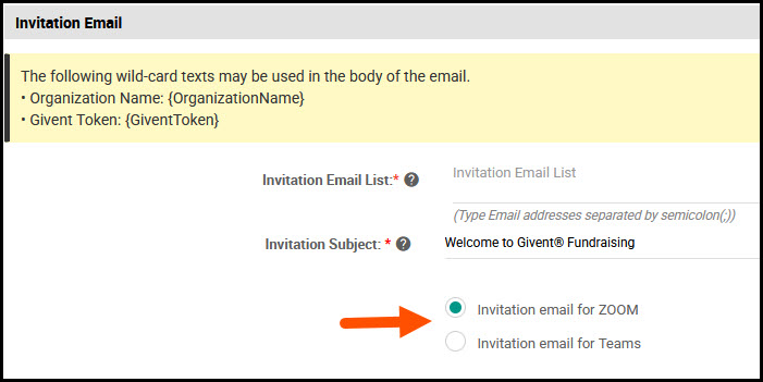 Screenshot showing option to select Zoom or Teams