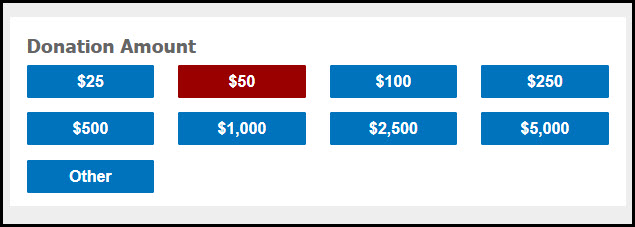 Radio buttons show values of $25, $50, $100, $250, $500, $1000, $2500, and $5000.