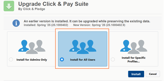 Screenshot of 3 options for install. Choose middle one: Install for all Users