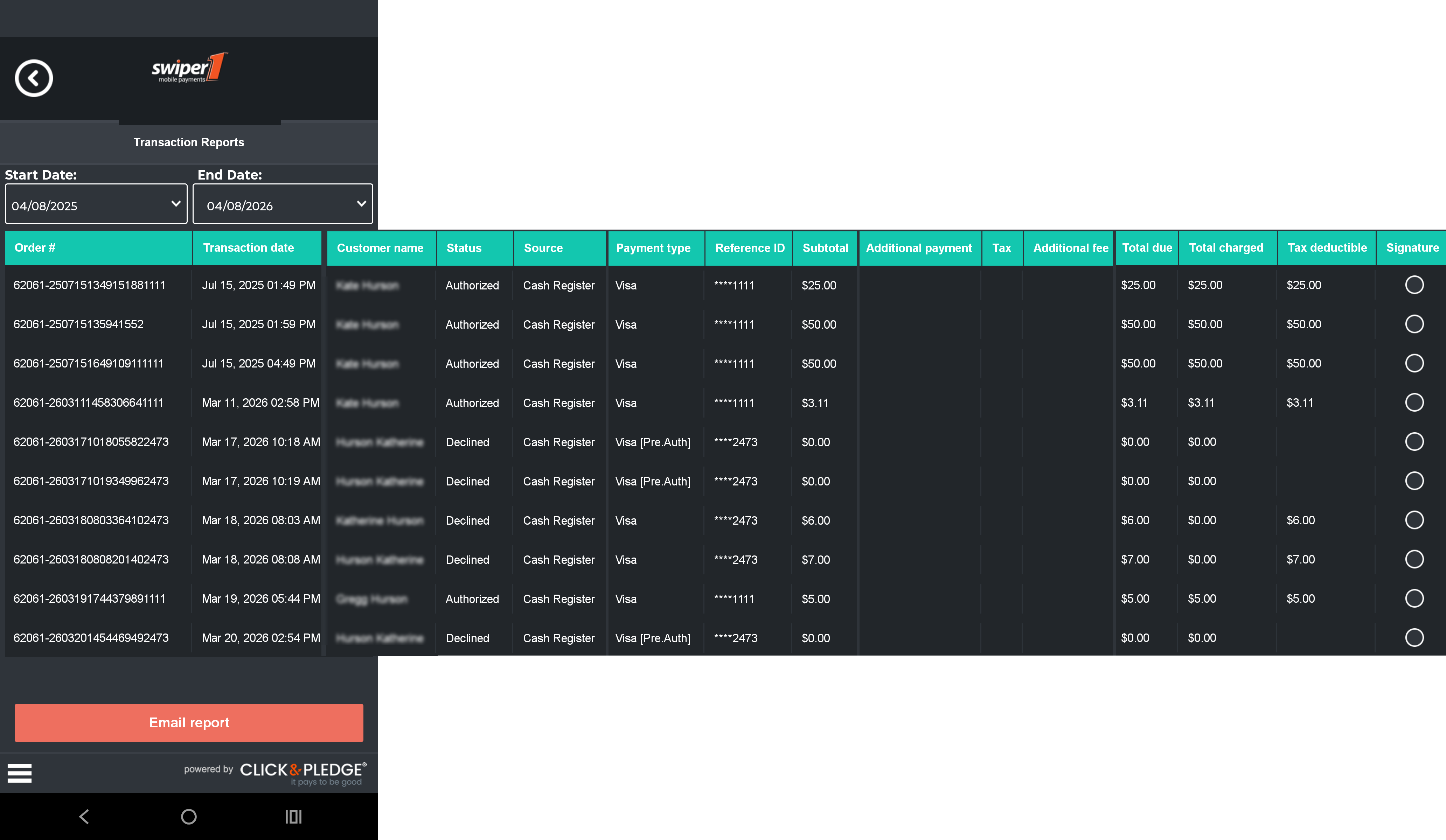 Transaction Reports screen showing date range filters and results table
