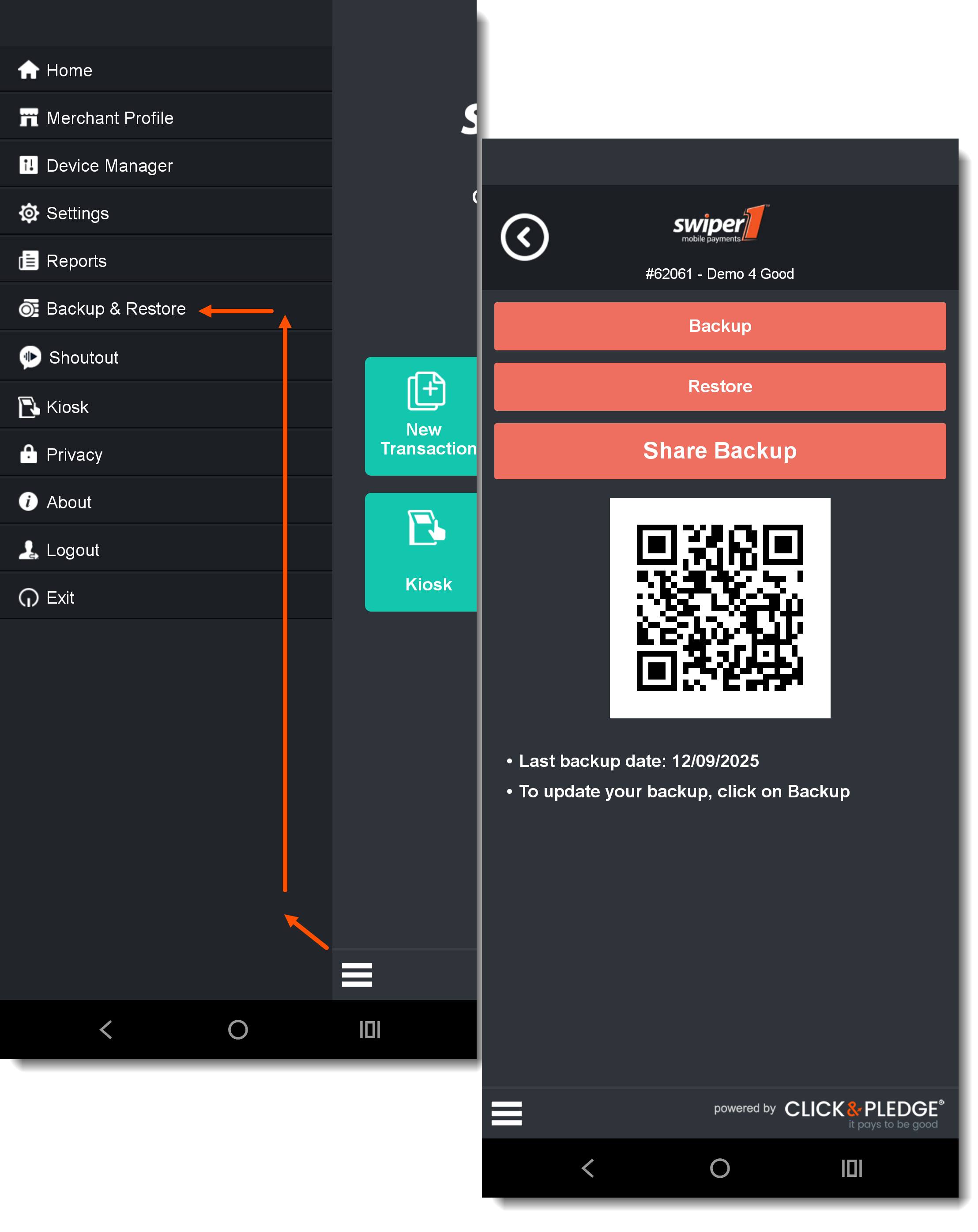 Composite showing menu with Backup & Restore highlighted and Backup & Restore screen showing Backup, Restore, and Share Backup buttons with QR code and last backup date