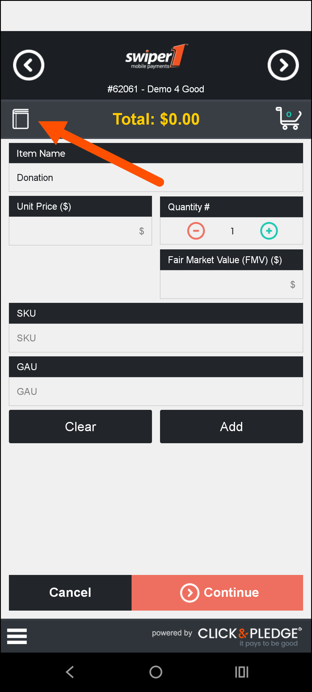 Screenshot: Transaction screen showing catalog icon top left