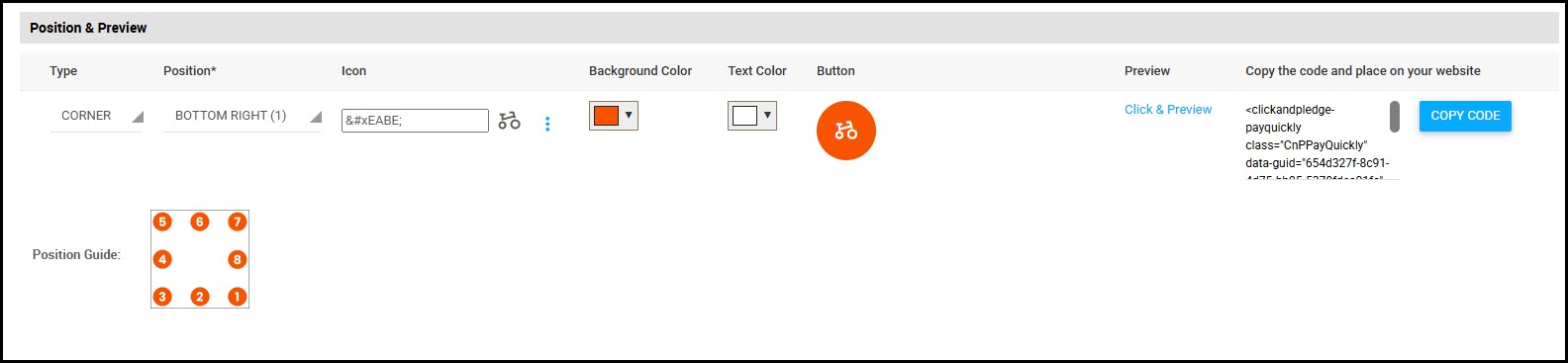 [Screenshot 9 — Position & Preview after saving, showing Click & Preview link and Copy Code button]