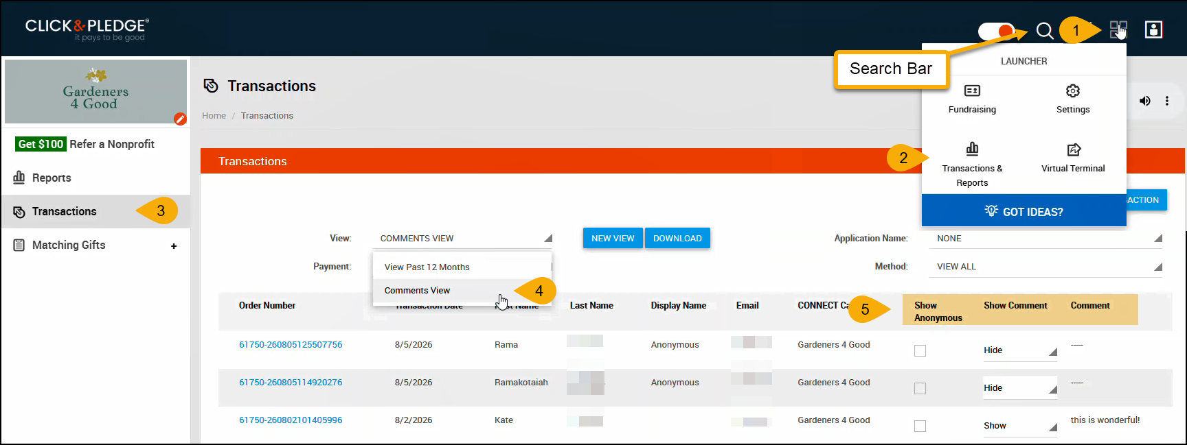 Transactions - Comments View